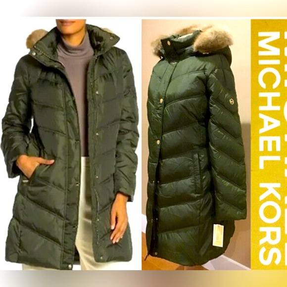 Michael Kors Jackets & Blazers - Michael Kors Faux Fur Trim Removable Hood Jade Green Down Coat XL